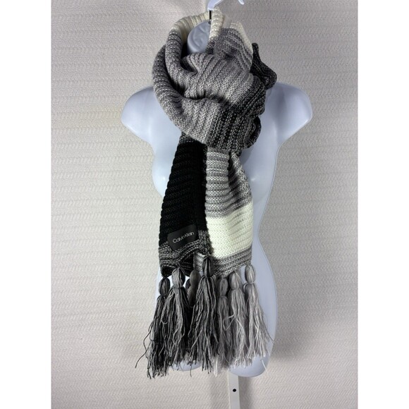 Winter Knitted Thick Scarf Calvin Klein Tassels Black White Gray One Size - Picture 10 of 13
